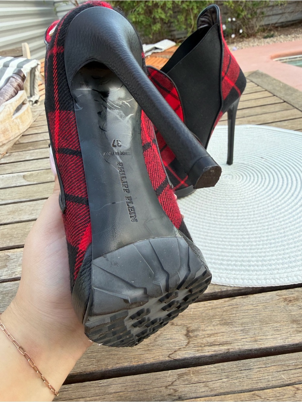 Philipp Plein Red Black Plaid Stiletto Pumps